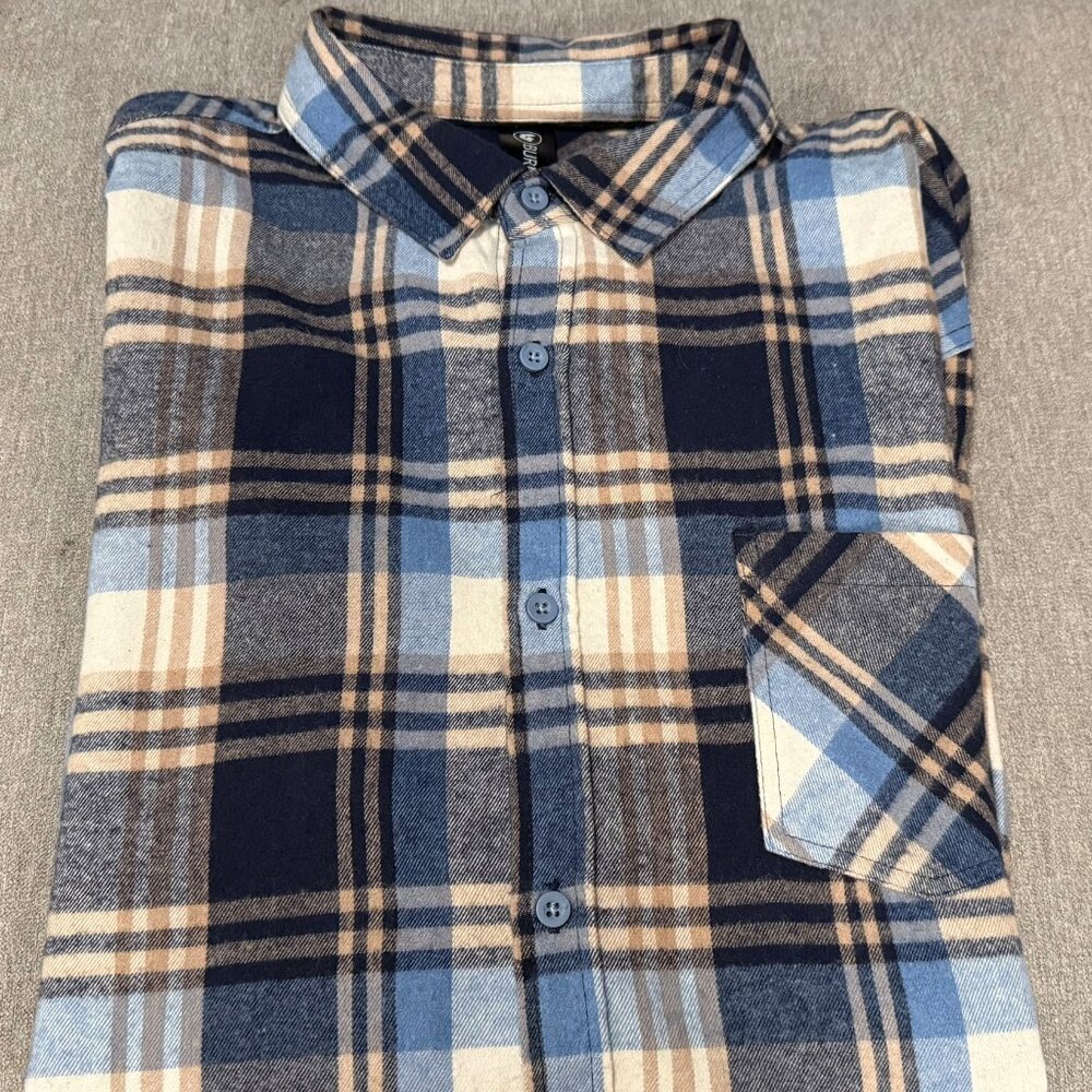 Burnside Men’s XXL Plaid Flannel Shirt Blue Tan Button Up Long Sleeve Cotton